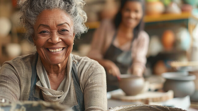 Mature woman at the pottery class, hobby class for elderly people.
