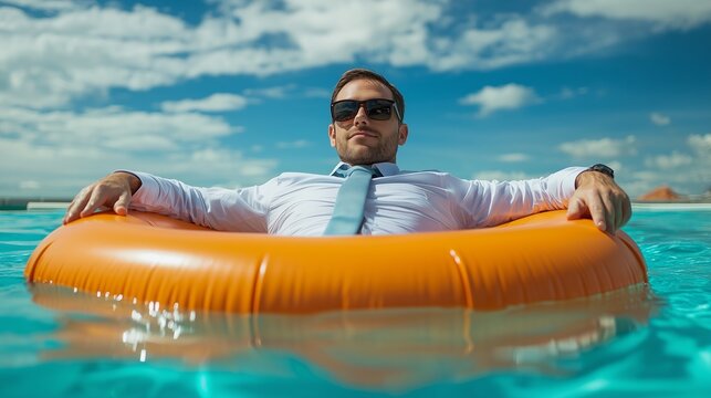 A businessman in a suit and tie relaxes in an orange pool float, symbolizing the importance of balancing work and mental health.