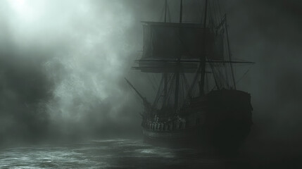 A ghostly ship emerging from the fog on a dark, eerie sea, with faint figures on the deck.