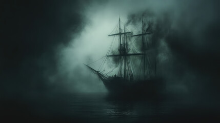 Fototapeta premium A ghostly ship emerging from the fog on a dark, eerie sea, with faint figures on the deck..