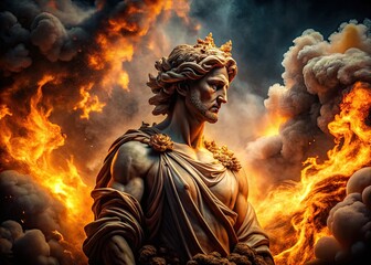 Obraz premium moody atmospheric smoke-billowing ancient statue amidst fiery inferno with blurred motion intense warm-toned cinematic