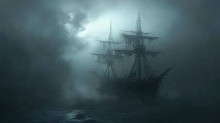 A ghostly ship emerging from the fog on a dark, eerie sea, with faint figures on the deck.