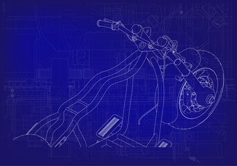 Disassembled motorcycle on a blue background. Unique design.  