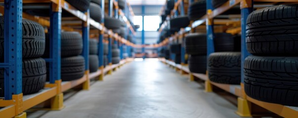 Tire dealer's warehouse featuring a high rack loaded with customer tires, creating a clean and orderly industrial environment .