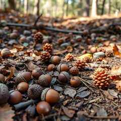 Acorns and pine cones scattered on forest floor during autumn afternoon