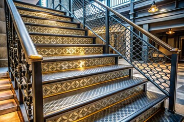 A photo image of sleek metal staircase treads overlapping ornate painted risers, with clean lines, industrial charm, and a hint of industrial chic ambiance.