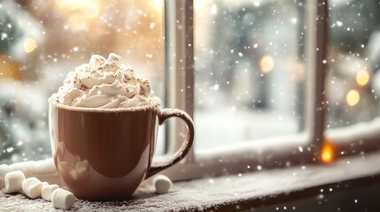 A warm cup of cocoa topped with marshmallows sits on a snowy windowsill, the perfect winter treat.