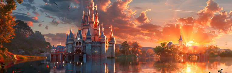 Naklejka premium A picturesque village bathed in the golden light of sunrise adding to the dreamlike quality in background
