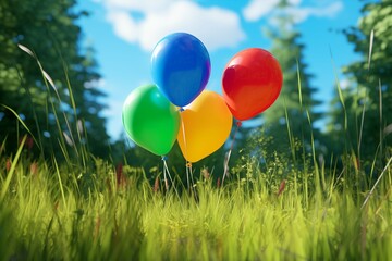 Green, yellow, red and blue balloons on green grass