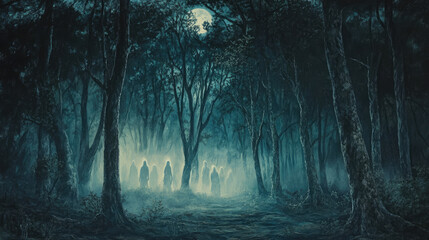 A haunted forest with ghostly figures faintly visible between the trees, illuminated by moonlight.