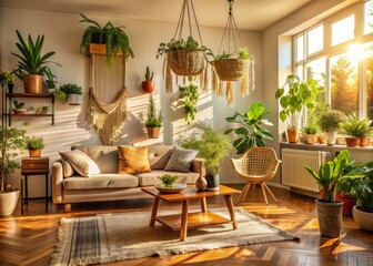 Obraz premium serene bohemian living room interior with eclectic mix of potted plants and macrame hangers casting dramatic shadows in warm golden afternoon light