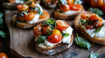 Bruschetta with roasted tomatoes, basil, and burrata on a rustic wooden board