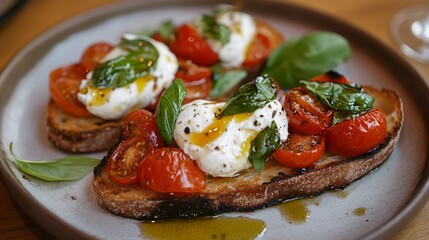 Bruschetta with roasted tomatoes, basil, and creamy burrata, served on a ceramic plate