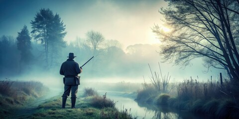 isolated solitary figure misty morning huntingatmosphere cool tones eerie calm