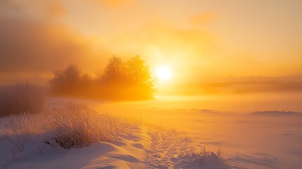 A stunning sunrise over a snow-covered landscape, with the sun casting a warm glow on the trees and the ground.
