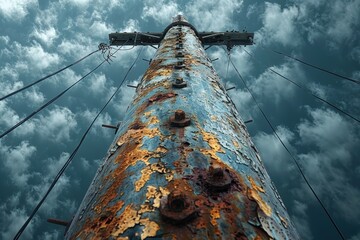 A weathered, rust-covered industrial pole or structure reaching towards a dramatic cloudy sky, symbolizing strength, abandonment, and the passage of time