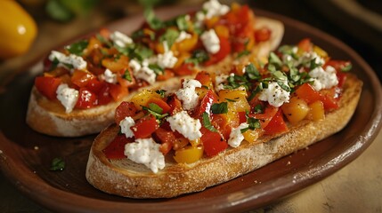 Roasted bell pepper and goat cheese bruschetta on a toasted slice of ciabatta, served on a ceramic plate