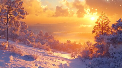 A magical winter wonderland, with snow-covered trees and a golden sunrise. The sun peeks through the clouds, casting a warm glow on the scene.