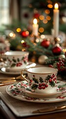 Fototapeta premium Elegant holiday dining setup featuring festive china, candles, and decorations, creating a warm and inviting atmosphere.