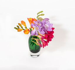 Close-up of Pink, Blue, White and Yellow Freesia Flowers in Small Green Glass Vase on White Background, Including Shadow, centered in Frame, no people-square