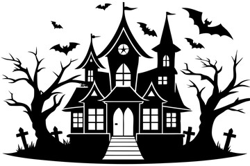 Haunted House Vector Illustration - Black Silhouette Designs on White Background, Line Art & Outline Vector