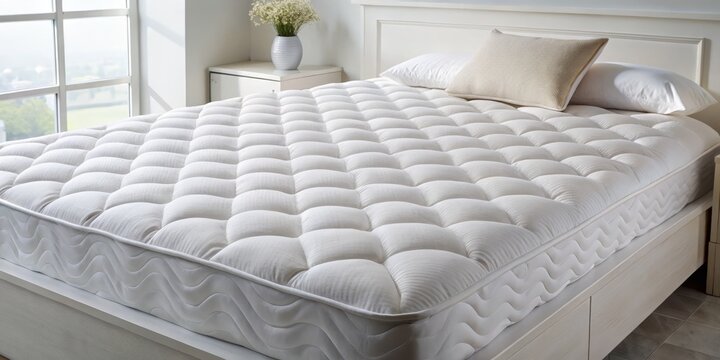 A photo image of a soft, plush mattress topper with gentle ripples and a subtle sheen, resting on a crisp white bed frame.