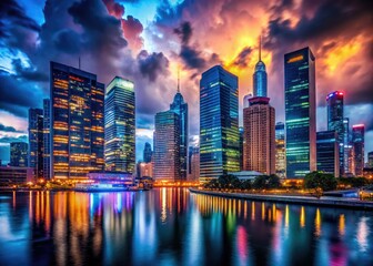 Obraz premium Moody nighttime cityscape financial district vibrant colors urban energy