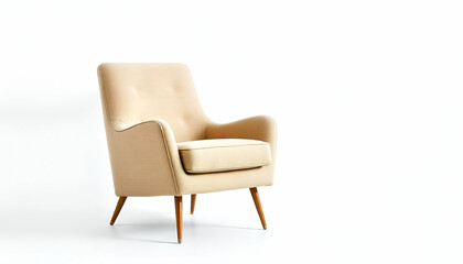 A modern, minimalist beige armchair with wooden legs against a plain white background