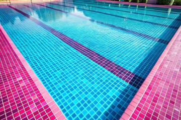 Obraz premium A vibrant swimming pool features pink tile surrounds and crystal-clear water, inviting splashes and sun-kissed days.