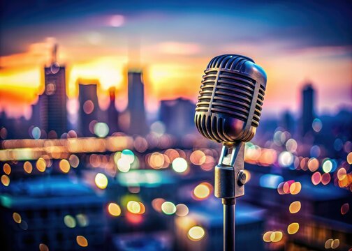 sleek metallic microphone against a blurred cityscape at dusk with vibrant posterized hues and dynamic composition for an edgy urban feel