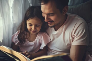 A cozy father-daughter moment, with the father gently guiding his daughter through a storybook as they share a peaceful bedtime routine.