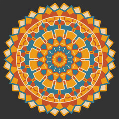 Multicolored mandala, ornamented circle. Retro palette. Version 2. Vector illustration