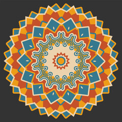 Multicolored mandala, ornamented circle. Retro palette. Vector illustration