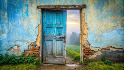 Whispering secrets old worn wooden door cracked open against peeling blue wall amidst morning foggy misty rural landscape