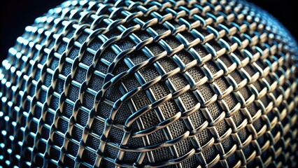 intricate close-up of a microphone's mesh grille with posterized metallic textures and bold monochromatic colors for an industrial aesthetic