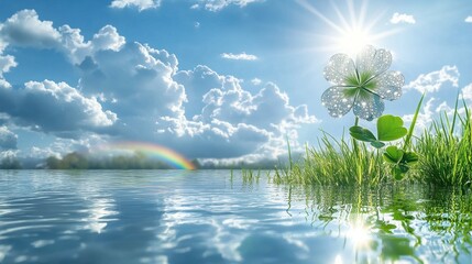 Fototapeta premium Four leaf Lucky clover leaves with rainbow and blue sky and cloud,Clover three leaf,St Patrick day realistic green border for banner with leaf confetti,Four lucky leaves symbol for advertising.