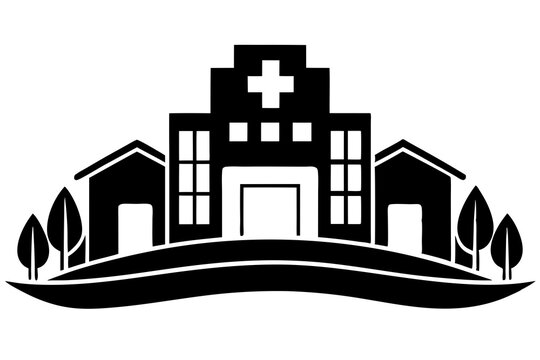 black hospital building with cross and trees clip art preview