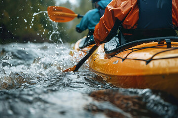 Fototapeta premium Happy people spending summer time kayaking fishing boating hobby water sports, Generative AI photo