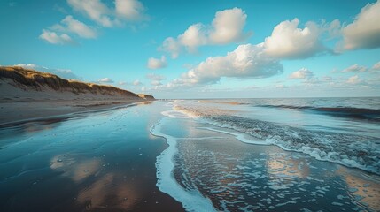 A serene coastal beach scene with gentle waves lapping at the shore under a partly cloudy sky, capturing the raw beauty of nature in the early morning light