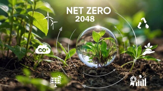Globe Glass with Net zero icons In Green Forest.Circular economy concept for future business growth and environmental sustainability and reduce pollution for future business and environmental growth..