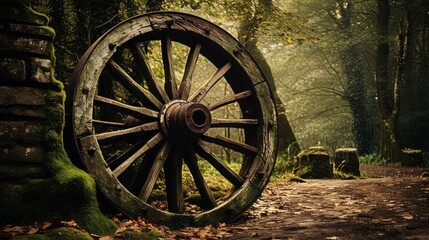 An old wooden wagon wheel leaning up in outdoor area. Neural network ai generated art