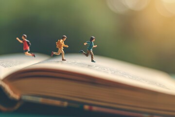Miniature figures of children running on the pages of an open book, symbolizing the joy of imagination and adventure through reading.
