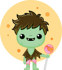 A green zombie with a candy on the background of the moon