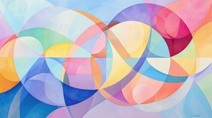 Obraz premium Abstract Intertwined Circles: A vibrant and mesmerizing abstract painting of overlapping circles in a rainbow of pastel hues, evoking a sense of movement, connection, and infinite possibilities. 