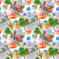 Fototapeta premium Wrapping with Santa Red Car and Green firs
