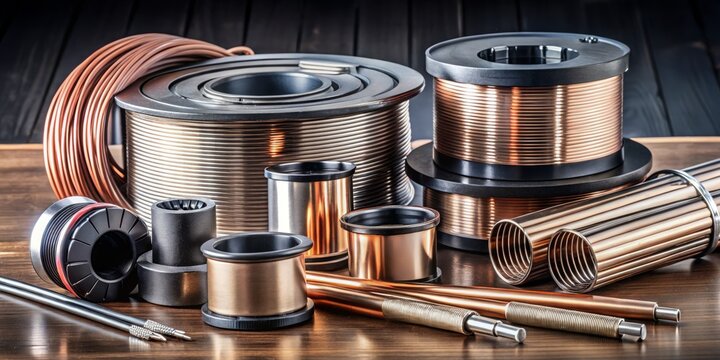 "a photo image of various welding consumables on a table, showing E71T-1MHA electrode wire, AWS A5.18 filler wire, and other shielding gases"