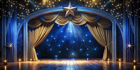 Photo image of a grand stage with a star-filled night sky backdrop, subtle twinkling lights, and a majestic curtain framing the entrance.