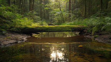 A moss-covered log forms a natural bridge over a tranquil stream in a dense, green forest, reflecting the peaceful and untouched beauty of nature.
