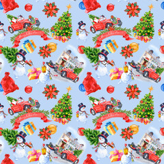 Obraz premium Seamless pattern with Snowman and Santa in his Car