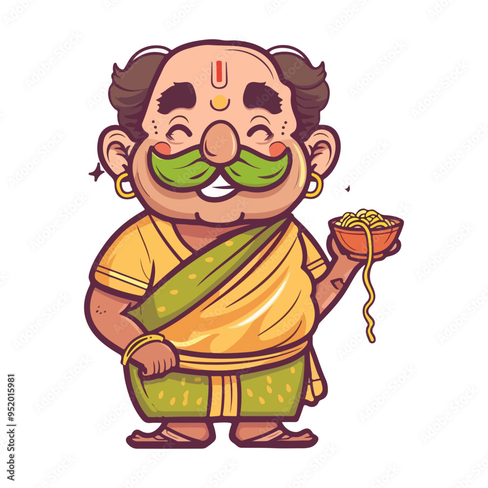 Wall mural Funny south Indian man character eating noodles